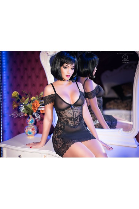 Sexy chemise nera in tulle e pizzo con perizoma