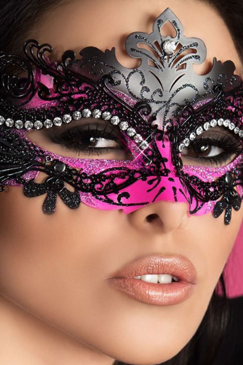 Sexy maschera nera e rosa in metallo filigranato con strass