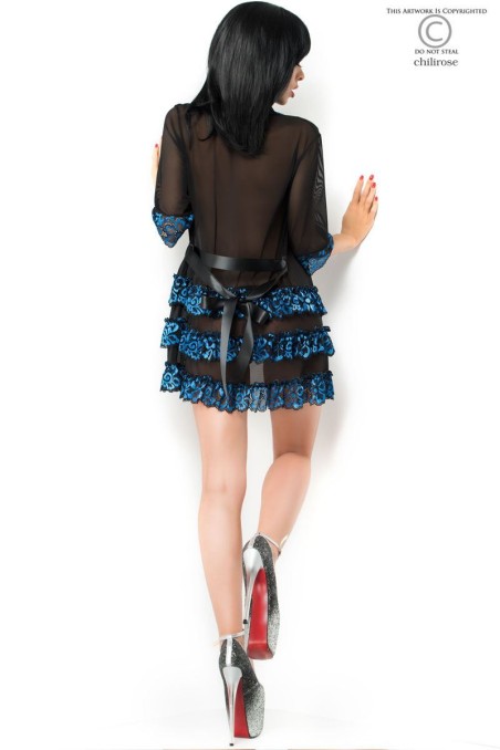 Sexy vestaglia in tulle e pizzo con ricami blu e perizoma