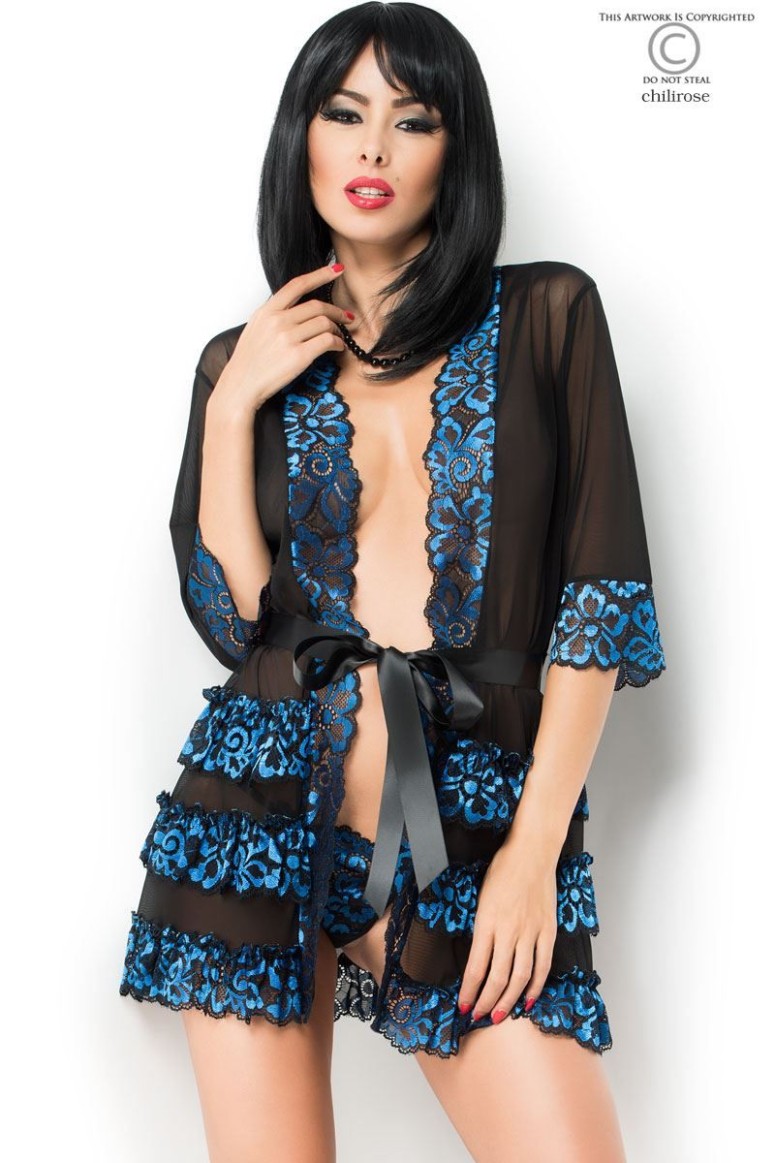 Sexy vestaglia in tulle e pizzo con ricami blu...