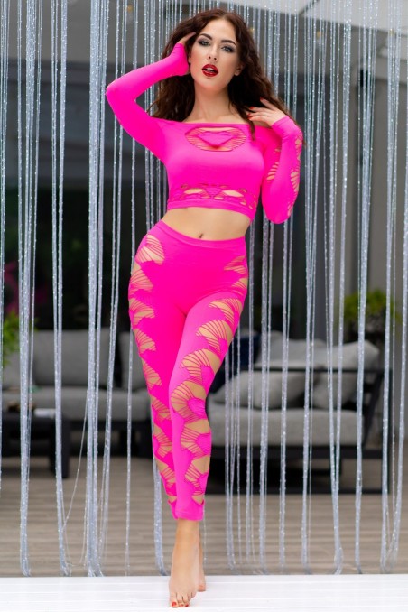 Top e leggings rosa neon stretch con tagli