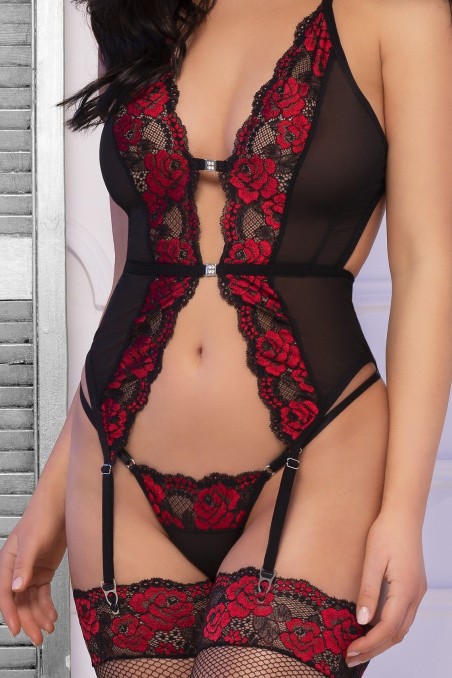 Corsetto reggicalze in tulle e pizzo con rose rosse