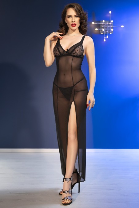sensuale ed elegante chemise lunga in tulle trasparente e pizzo