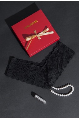 Perizoma nero con perle naturali e gadget erotico 2