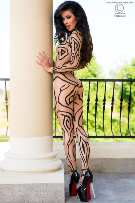 Sexy bodystocking aperta color carne effetto tattoo