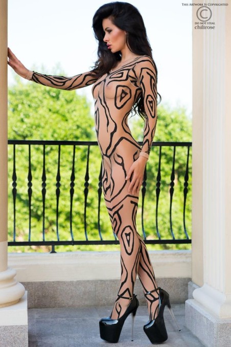 Sexy bodystocking aperta color carne effetto tattoo